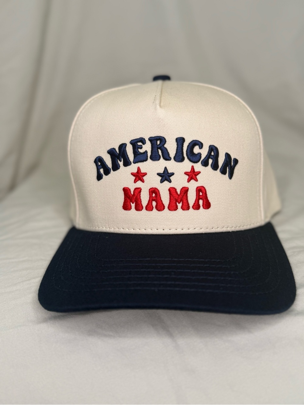 American Mama Embroidered Trucker Hat - Cream and Navy
